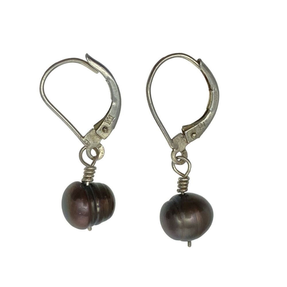 Vintage Sterling Silver 925 Chocolate Brown Pearl Drop Earrings